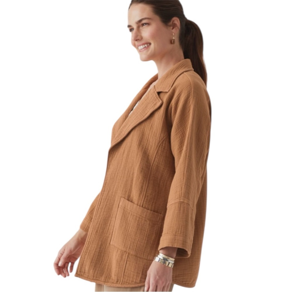 Pure Jill by J.Jill 100% Gauze Cotton Relaxed Open Front Blazer Pockets Tan Med